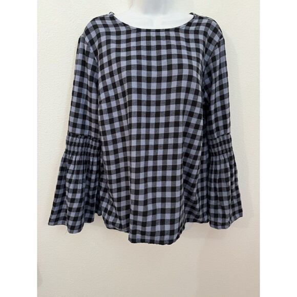 BEACH LUNCH LOUNGE Top Womens M Blue Plaid Pullover Flannel Bell Sleeve Boho - Picture 1 of 6